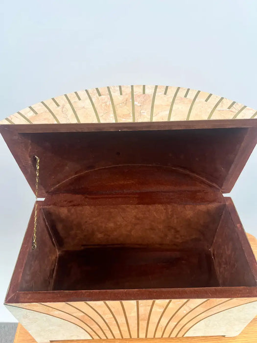 Art Deco Style Maitland-Smith Tessellated Pink Marble & Brass Chest, Jewelry Box