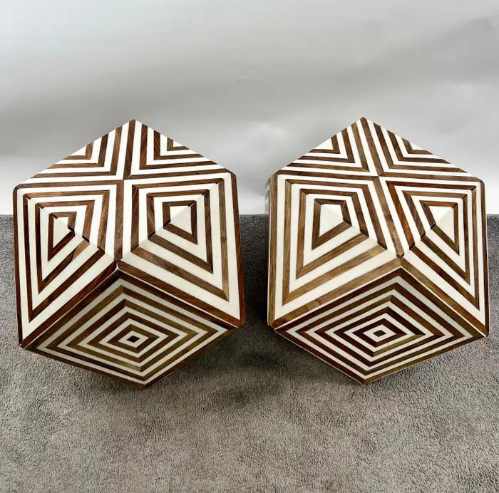 Art Deco Style Brown & White Sculptural Resin & Walnut Side or End Table, a Pair