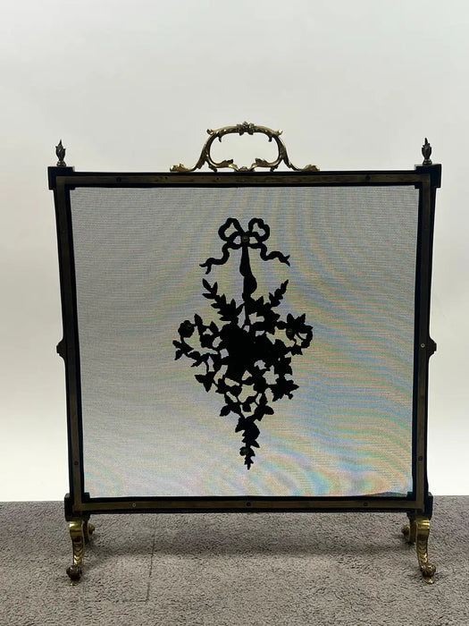 Antique French Art Nouveau Brass Firescreen with Floral & Ribbon Bouquet