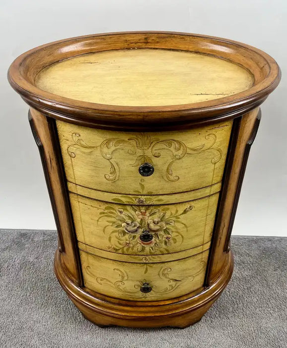 Louis XV Style French Provincial Hand Painted Oval Shaped Nightstand, a Pair