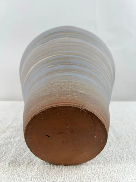Vintage Handmade Pottery Vase with Blue & Earth-Tone Swirl Glaze