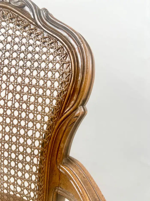 French Provincial Louis XV Style Cane Back with Plaid Upholstery Chair, a Pair