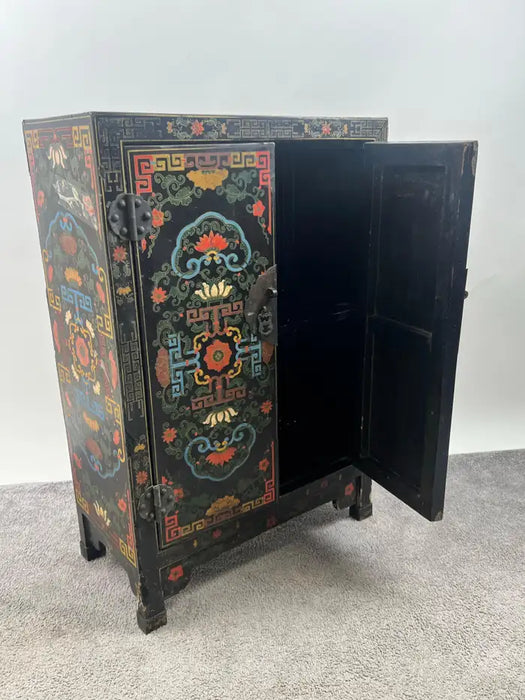 Vintage Asian Black Lacquered Cabinet or Chest with Hand-Painted Floral Motif