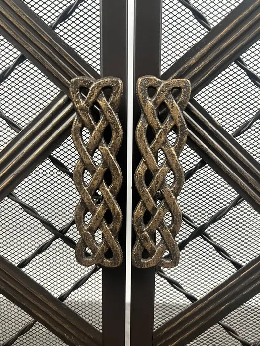 Art Deco Style Black & Bronzed Metal Two-Door & Diamond Design Fireplace Screen