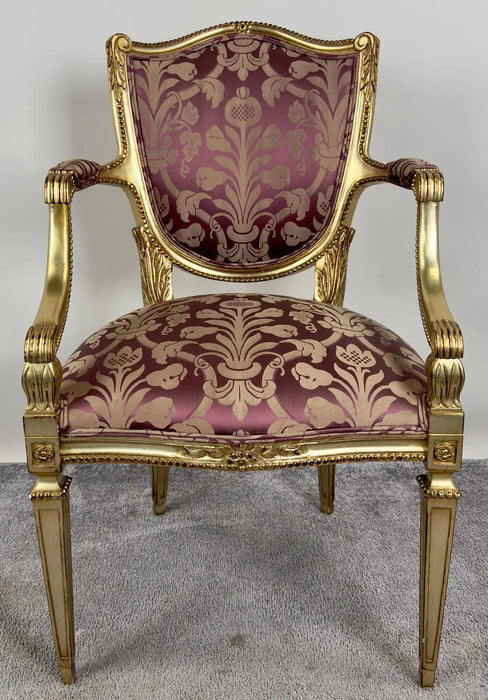 French Louis XVI Style Gilt & Plum Damask Pattern Upholstery Dining Chairs 10pcs