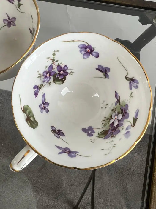 Hammersley “Victorian Violets” English Bone China Tea Set w Gold Trim, 15 pcs