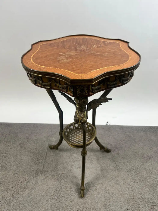 French Empire Louis XV Style Winged Angels Bronze Inlaid Gueridon Pedestal Table