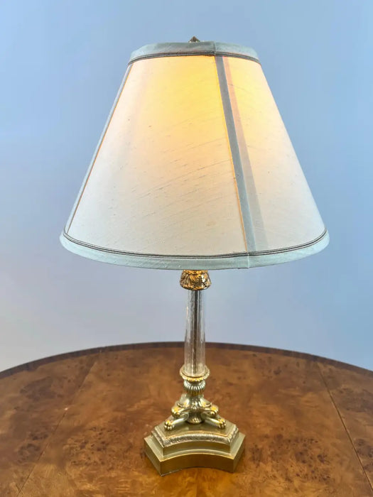 Vintage Empire Style Brass Fluted Crystal Column Table Lamp 1970's , a Pair