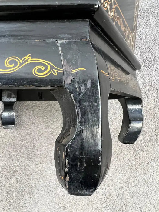 Asian Black Lacquer Hexagonal Side Table with Hand-Painted Gold & Figural Pane