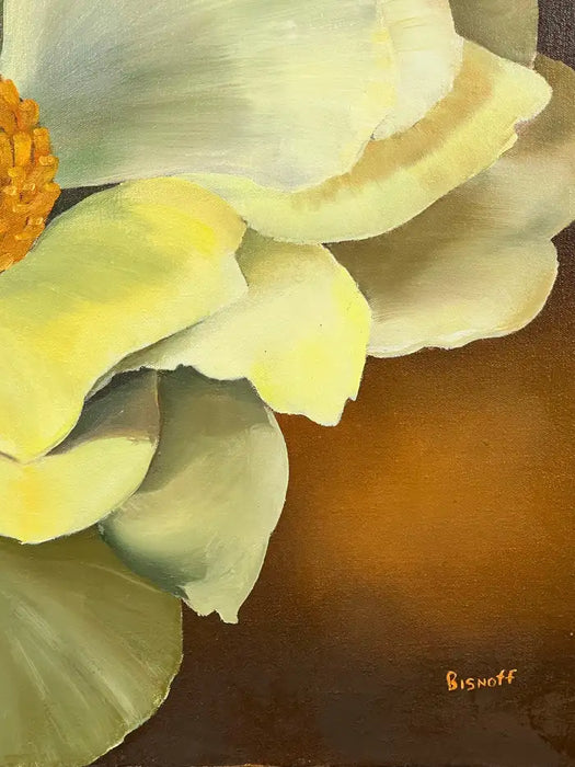 Modern Floral Still Life with White Bloom Oil on Canvas Signed by artist 1990's