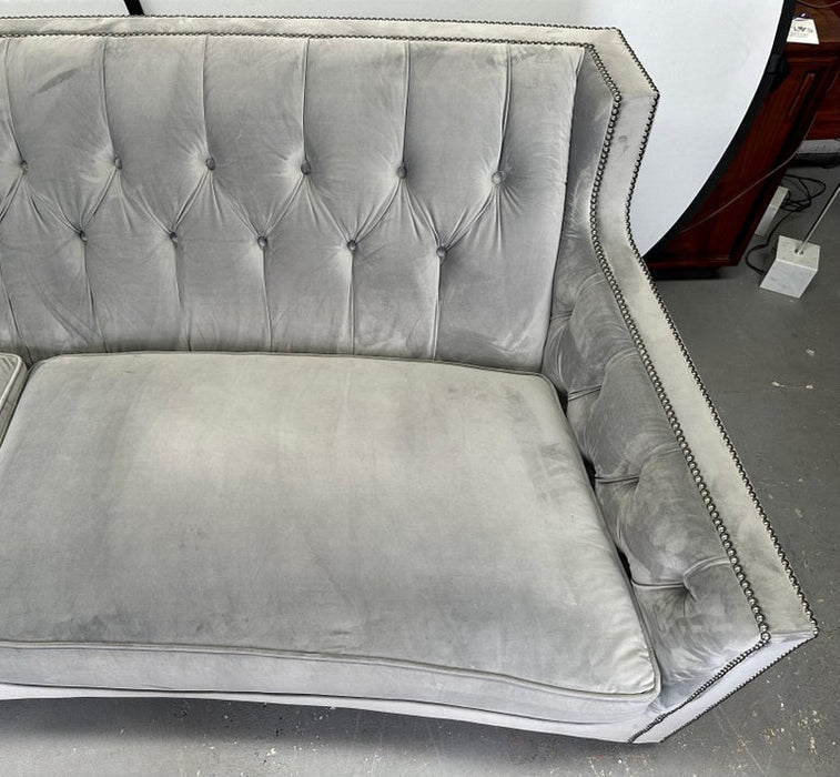 Bernhardt Furniture Mid-Century Modern Style Gray Suede Sofa with Studded Frame