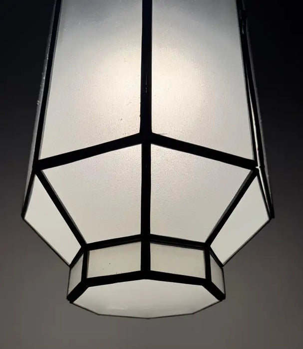 Art Deco Style Frosted White Milk Glass & Bronze Octagonal Pendant, a Pair