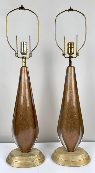 Mid Century Modern Gold Art Glass Table Lamp with Custom Shade, a Pair