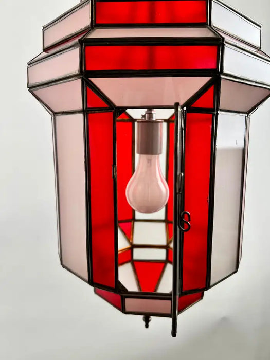 Art Deco Style White Milk and Red Glass Pendant, Lantern or Chandelier, a Pair