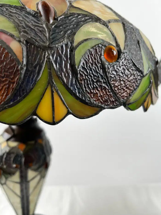 Art Nouveau Tiffany Style Brown & Green Stained Glass Table Lamp, a Pair