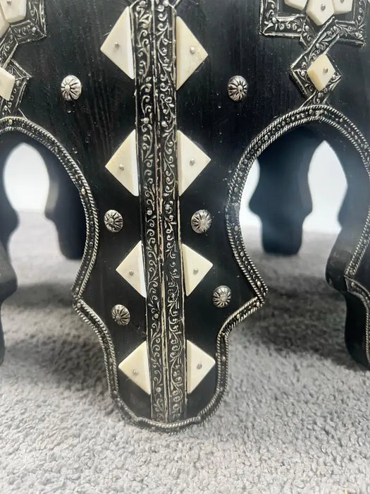 Moroccan Black & White Bone with Filigree Inlay Octagonal End Table, a Pair