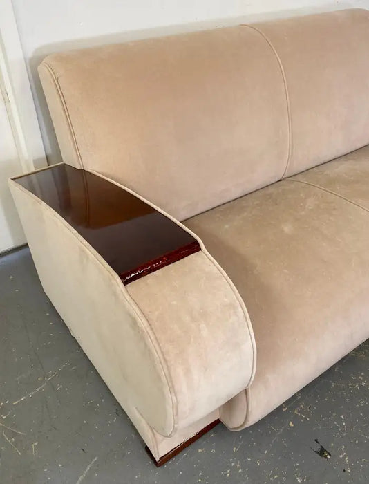 French Art Deco Sofa or Settee with Beige Velvet Upholstery & Rosewood Armrests