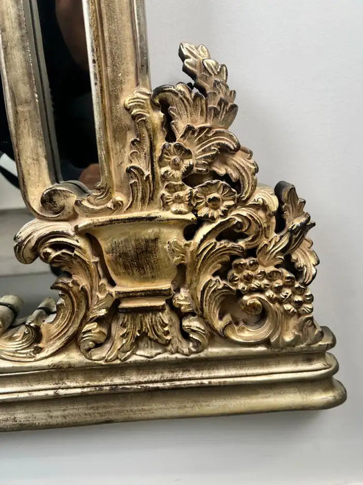Neoclassical Revival Champagne Gold Large Mirror with Urn and Floral Pediment