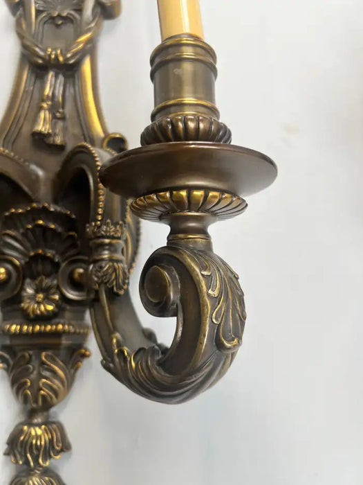 French Louis XVI Revival Style Patinated Bronze Wall Sconce Two Arms, a Pair