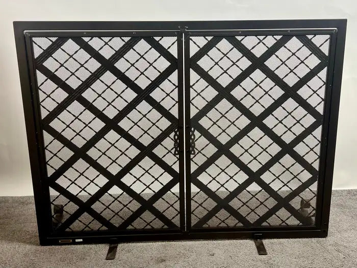 Art Deco Style Black & Bronzed Metal Two-Door & Diamond Design Fireplace Screen