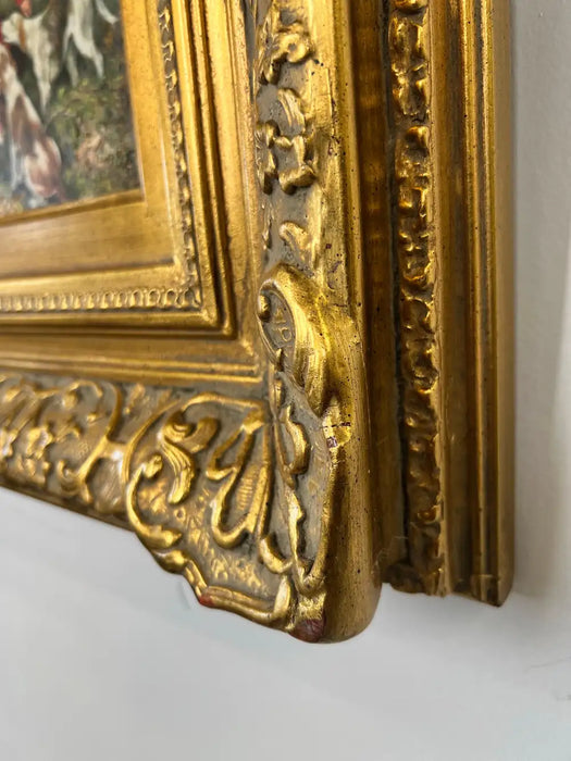 English Sporting Style Oil Painting, Huntsman & Hounds, Ornate Gilt Frame 1980's