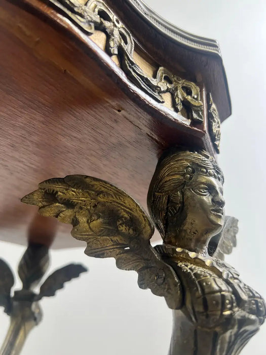 French Empire Louis XV Style Winged Angels Bronze Inlaid Gueridon Pedestal Table