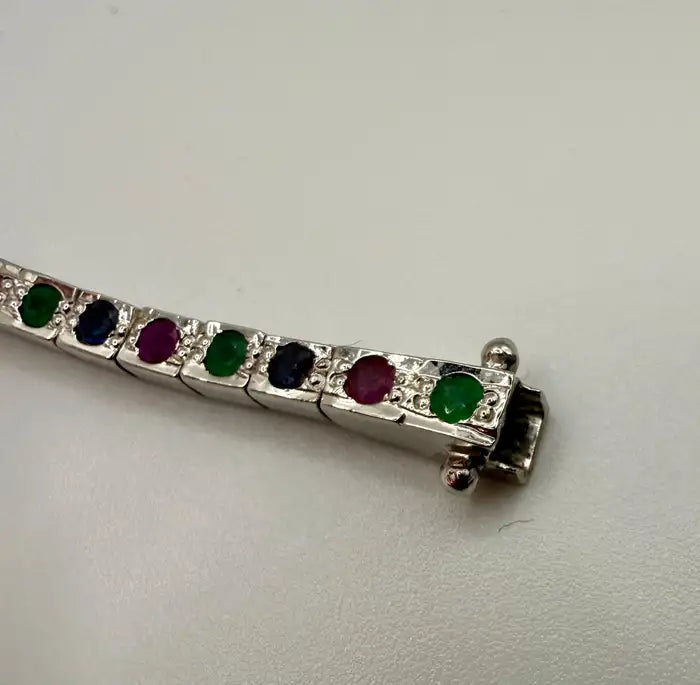 Art Deco Style Sterling Silver Ruby, Emerald & Sapphire Tennis Bracelet, 9 CT
