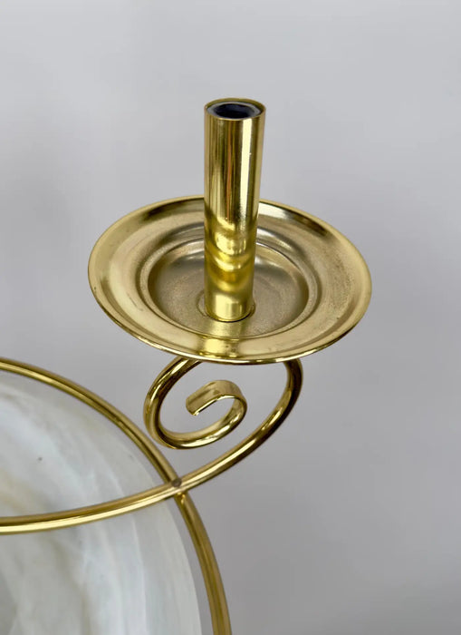 Art Deco Brass Chandelier with White Milk Frosted Glass Bottom Bowl, 6 Arms