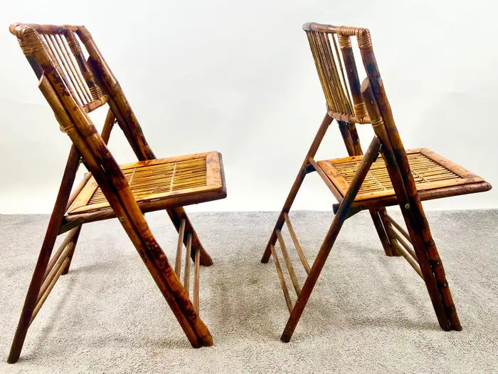 Mid Century Modern Organic Hand Crafted Bamboo Folding Chair, Set of 4