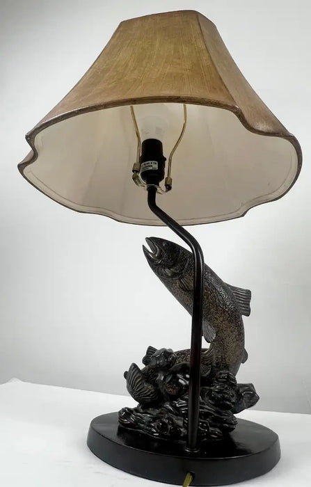 Rustic Style Flying Trout Table Lamp with Bronzed Base and Faux Leather Shade