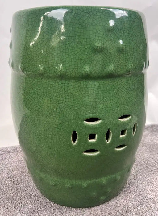 Vintage Chinoiserie Emerald Green Glazed Ceramic Drum Garden Stool or Pedestal