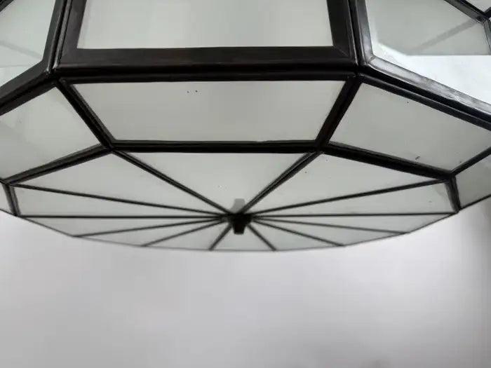 Art Deco Style Large Circular White Milk Glass & Bronze Pendant, Chandelier
