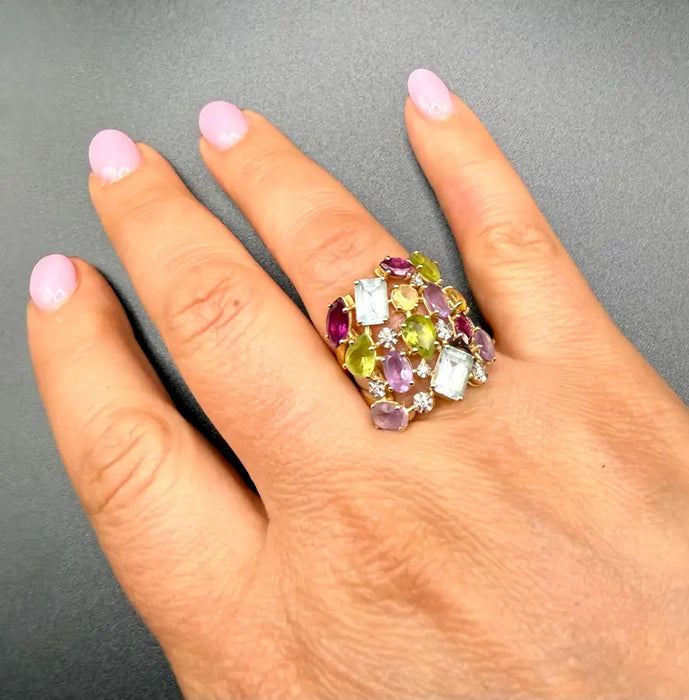 Multi-Gemstone 18K Gold Statement Cocktail Ring, Aquamarine Peridot Amethyst
