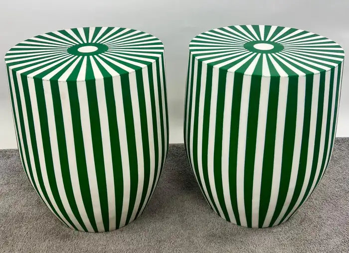 Art Deco Style Green & White Cylindrical Resin Side, End Table or Stool, a Pair