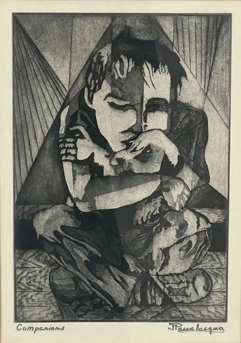 Figurative Abstract Etching on Paper Titled Companions by Jospeh Passalacqua 1950's