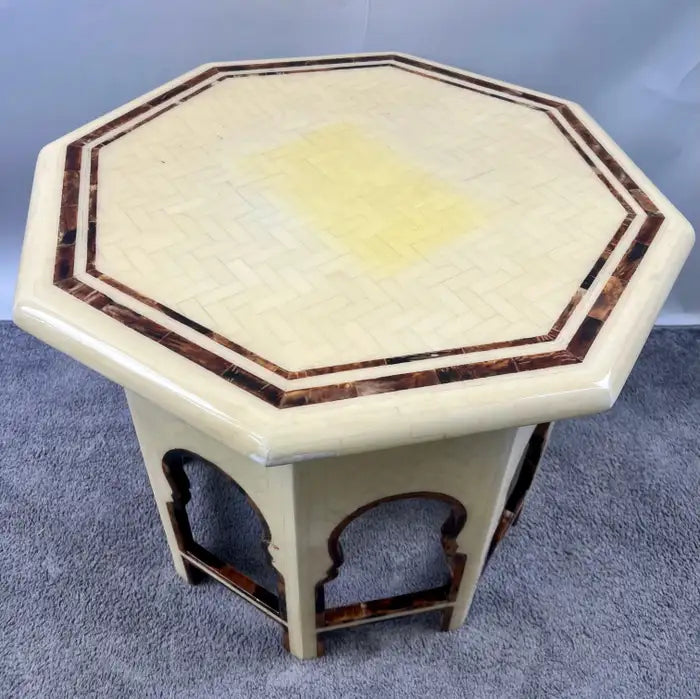 Moroccan Style Off -White Bone Inlay Octagonal Side Table with Moorish Arches