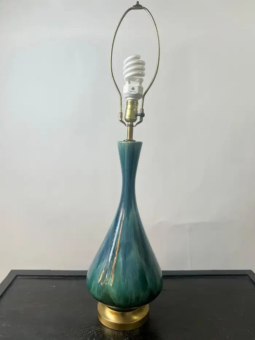 Mid-Century Modern Green Malachite Teardrop Design Table Lamp w Custom Shade