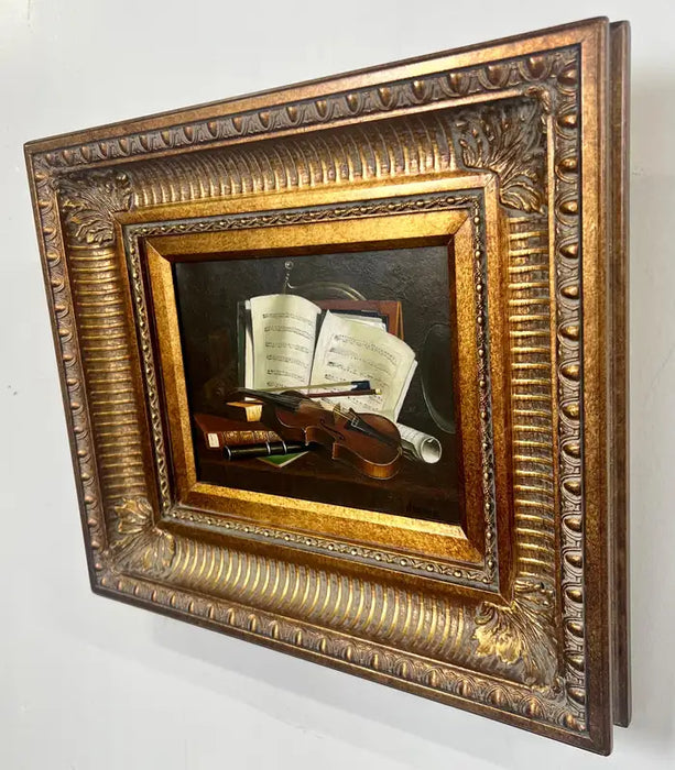 Still Life Violin & Sheet Music Oil on Canvas Signed Hessler, Framed 1900's