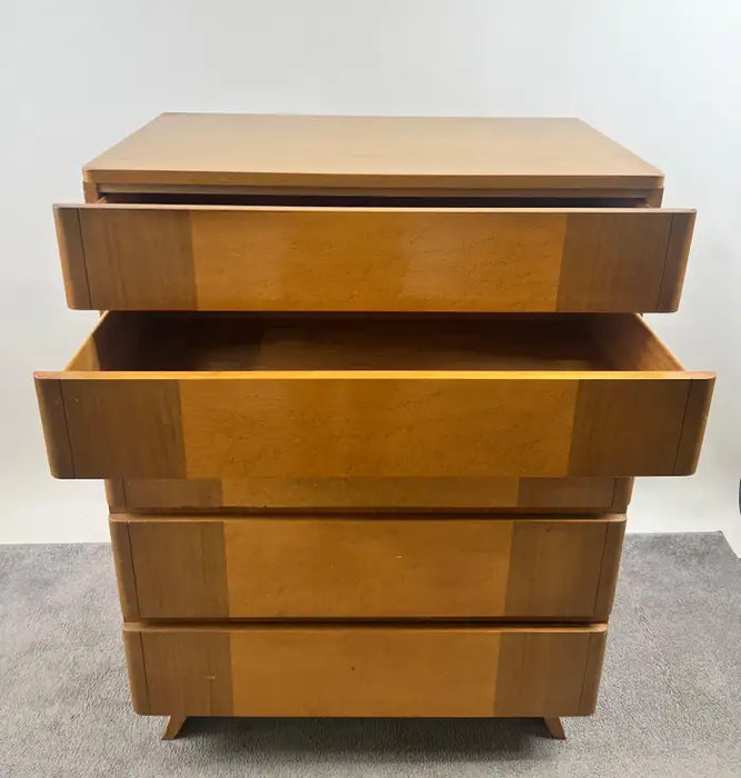 Mid-Century Modern R-Way Birdseye Maple Highboy Chest of 5 Drawers