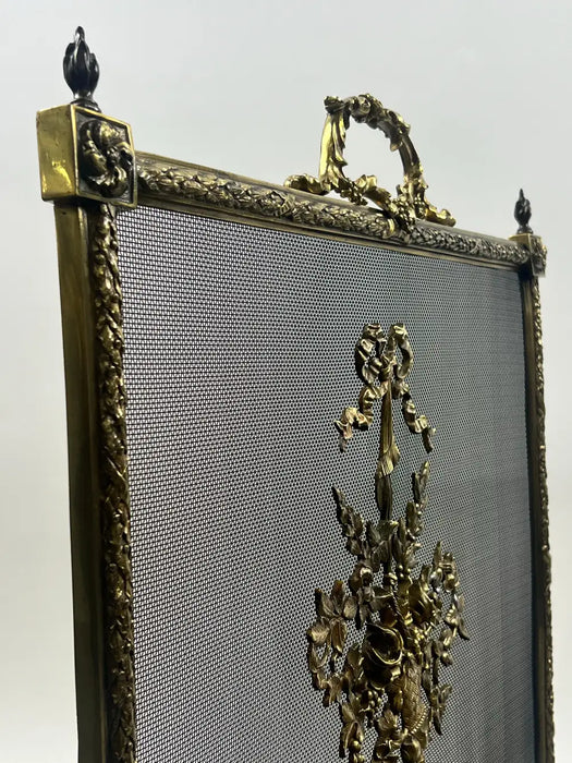 Antique French Art Nouveau Brass Firescreen with Floral & Ribbon Bouquet