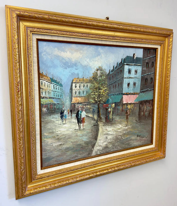 Modern Impressionist European City Street Oil on Canvas by Ambrose, Signed