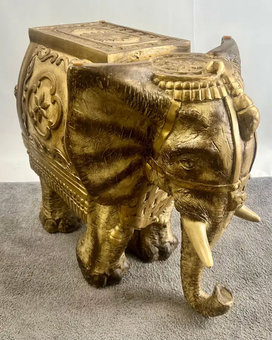 Large Sculptural Elephant Table Base in Carved resin w Antique Gilt Finish