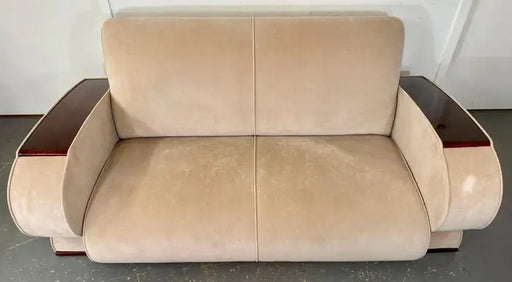 French Art Deco Sofa or Settee with Beige Velvet Upholstery & Rosewood Armrests