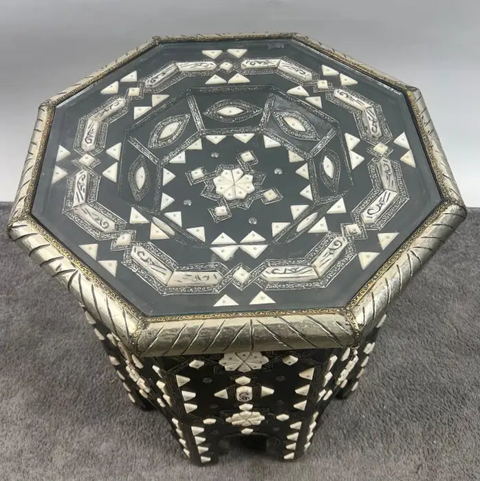 Moroccan Black & White Bone with Filigree Inlay Octagonal End Table, a Pair