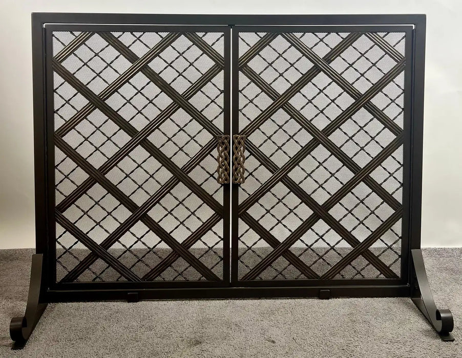 Art Deco Style Black & Bronzed Metal Two-Door & Diamond Design Fireplace Screen