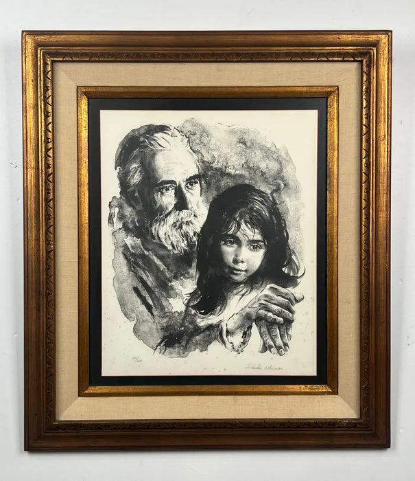 Sandu Liberman Rabbi with Young Girl Lithograph Signed, Numbered & Framed 1960's