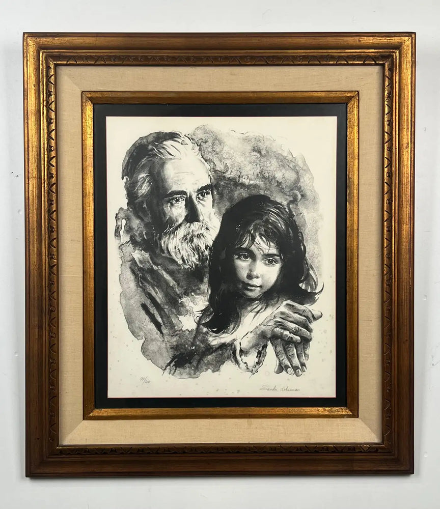 Sandu Liberman Rabbi with Young Girl Lithograph Signed, Numbered & Framed 1960's