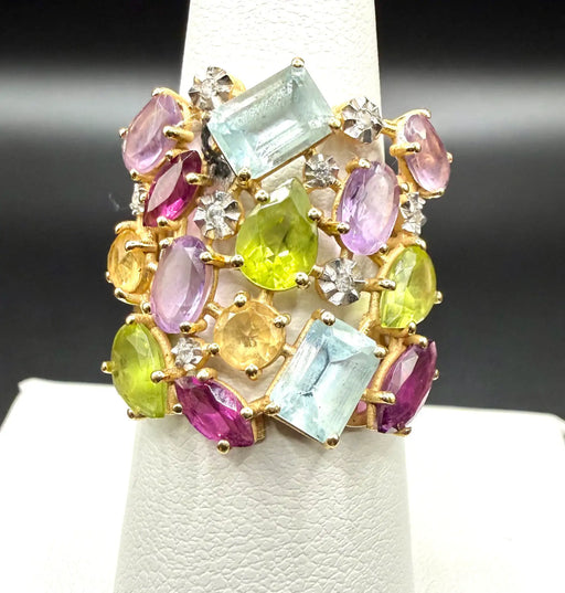 Multi-Gemstone 18K Gold Statement Cocktail Ring, Aquamarine Peridot Amethyst