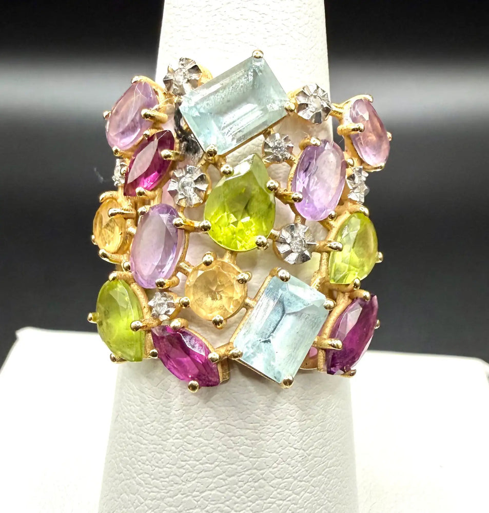 Multi-Gemstone 18K Gold Statement Cocktail Ring, Aquamarine Peridot Amethyst