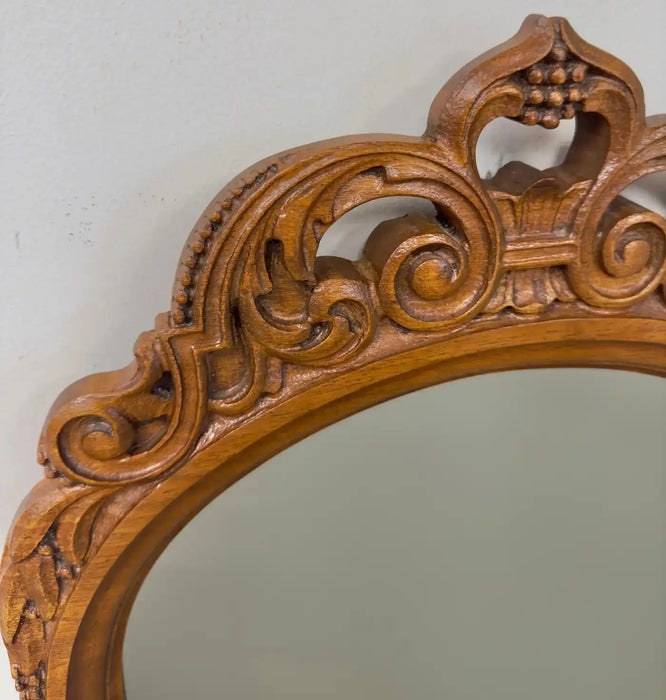 French Country Style Walnut Craved Small Console & Mirror with Antiqued Glass